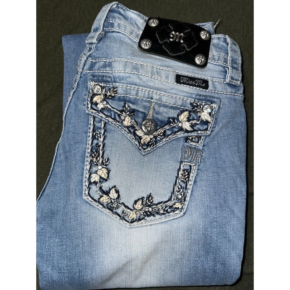 Miss Me Jeans Size 27 Light Blue Signature Leaf Vines Embroidered Pocket 29x30 - Picture 7 of 7